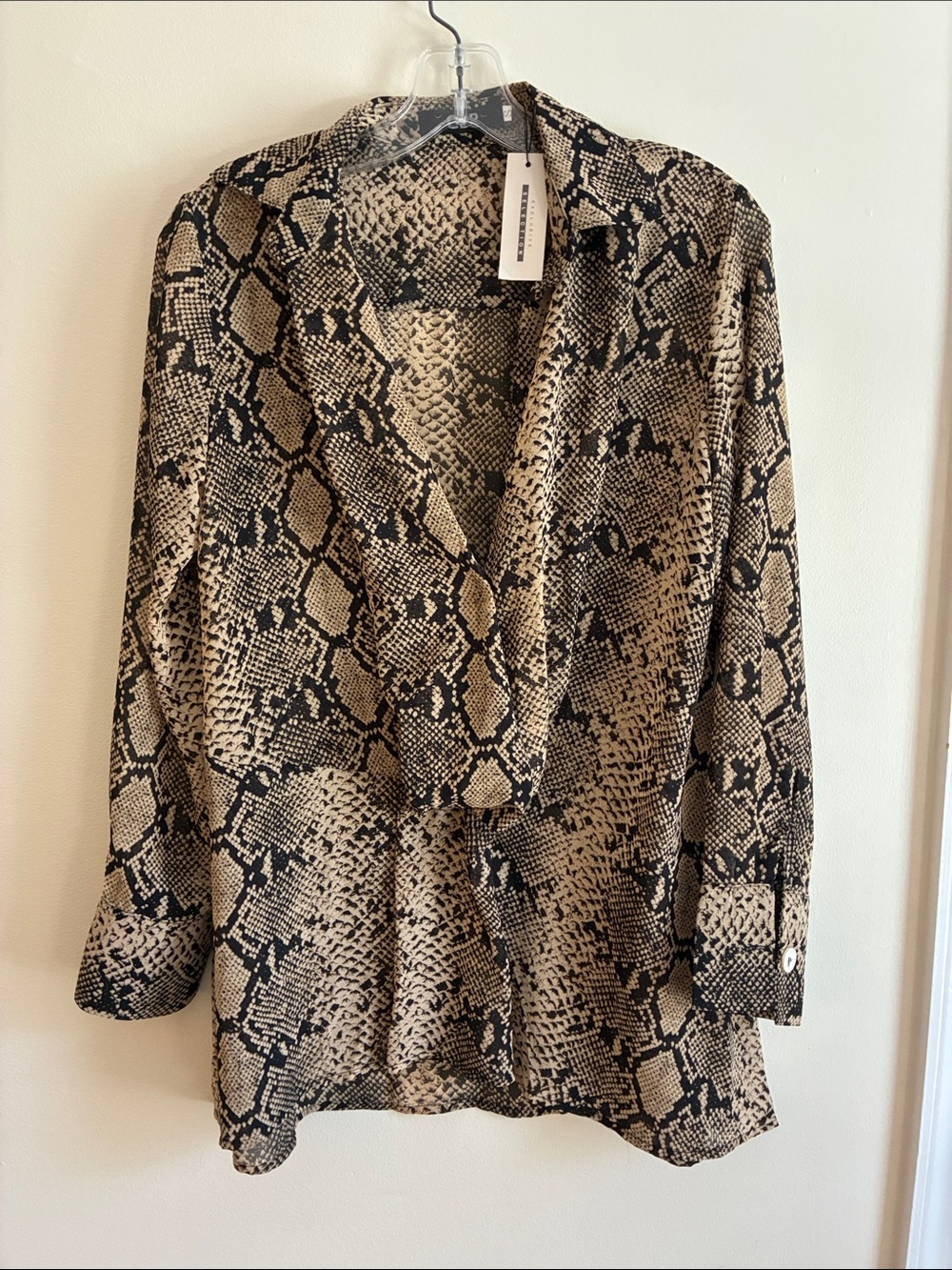 CBR Beige and Black Snake-Print Button Blouse